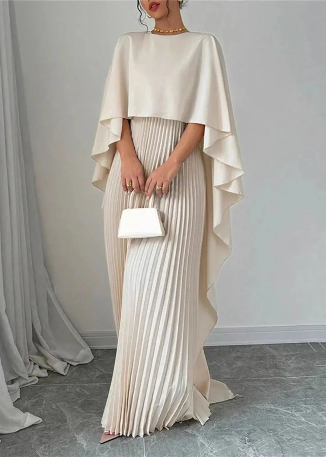 Women's Wedding Guest Pleated Cape Maxi Dress
